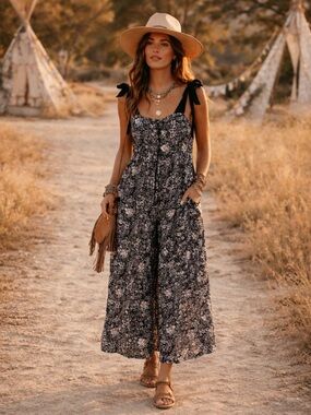 Free People Floral Tie Shoulder Romper Maxi Black & White | Neutral Boho | XS 🖤